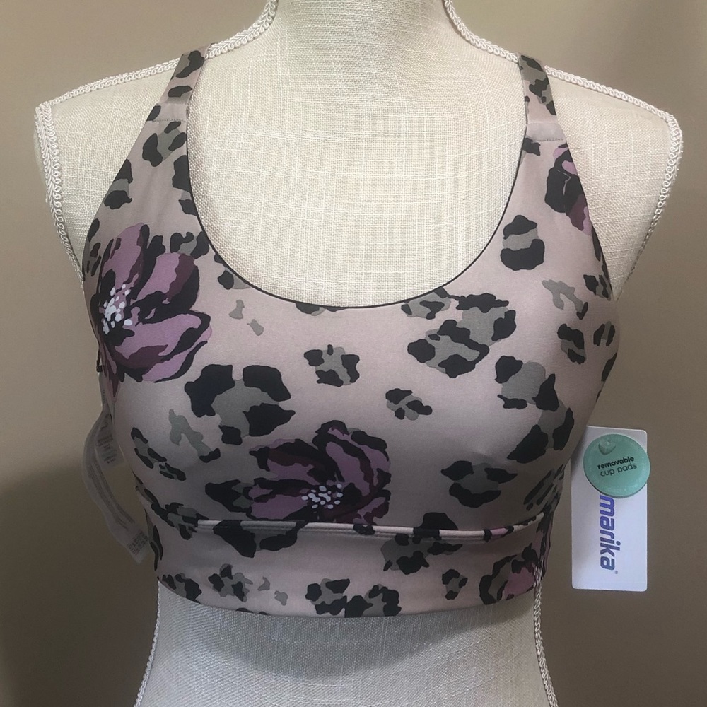 BNWT Marika Cross-Back Removable Pads Valerian Floral/Leopard Sports Bra